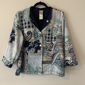 Chicos 100% Linen Patchwork Mixed Paisley Print Jacket Size L 12/14 Artsy Boho